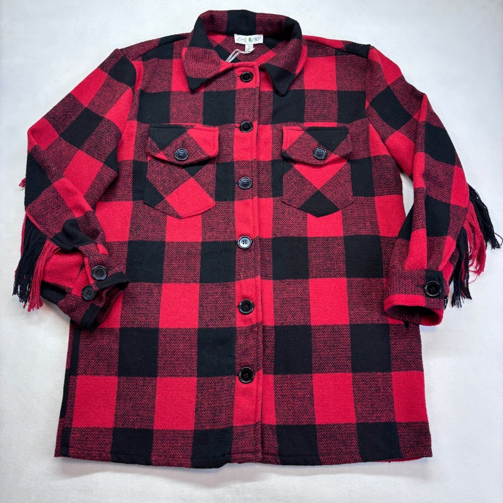 SHE+SKY Red Black Buffalo‎ Plaid Fringe Shacket Shirt Jacket Women Medium New